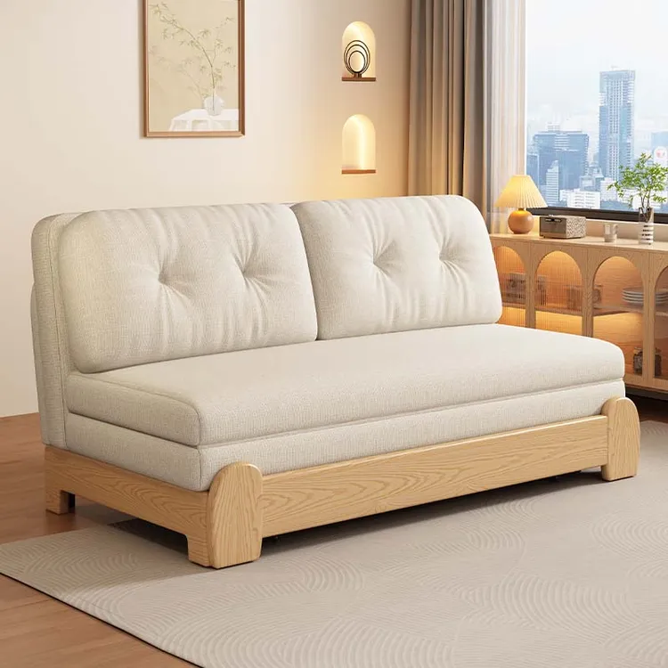 515客厅实木沙发床粗棉麻可伸缩多功能沙发阳台两用可折叠办公