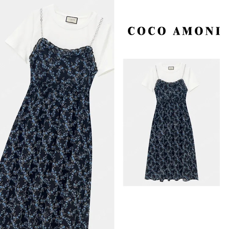 [曼姐]高端定制夏日女装拼接假两件收腰显瘦气质连衣裙ZC909