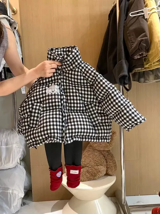 女童棉服2025新款秋冬儿童时尚保暖百搭格子外套女孩时髦长袖上衣