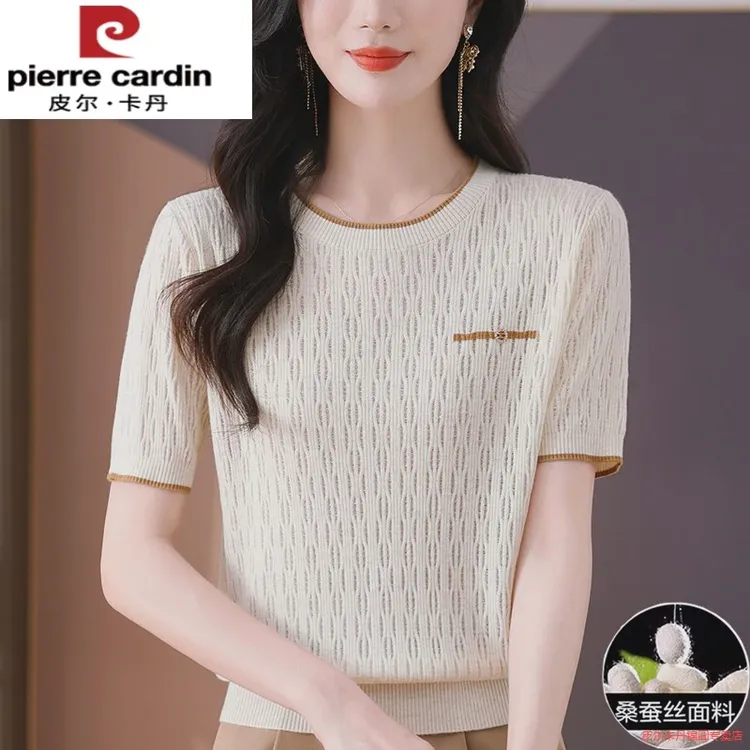 皮尔卡丹桑蚕丝短袖女t恤夏装薄款冰丝针织衫妈妈正肩短款上衣