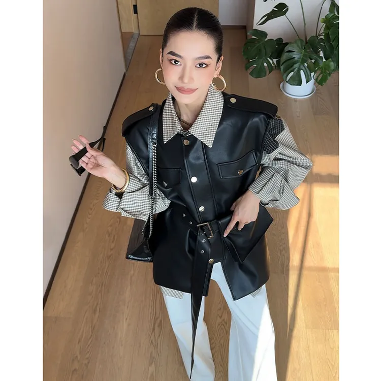 【米兰笔记】马甲时尚百搭显瘦带腰带大口袋设计款皮质马甲