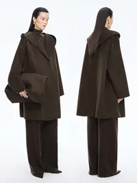 杰瑞【可可暖雾】绵羊毛连帽中长毛呢外套冬季新款通勤风气质大衣女