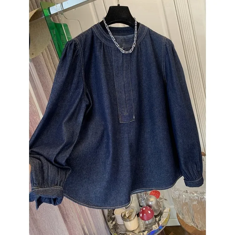 7722超好看法式半拉链泡泡袖牛仔长袖衬衫宽松上衣女内搭春季新款