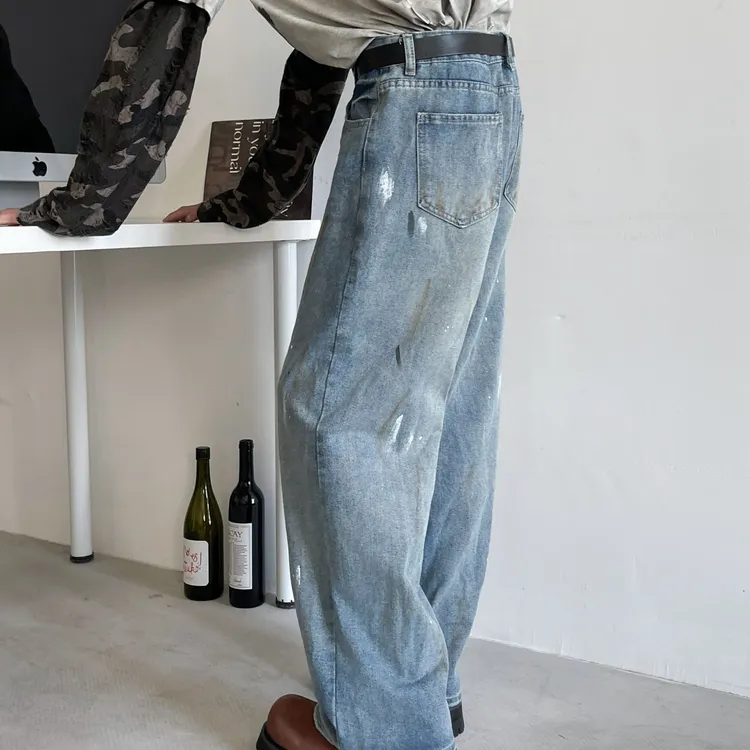 美式无弹力高腰水洗学院风春季牛仔裤复古显瘦破洞宽松长裤裤子