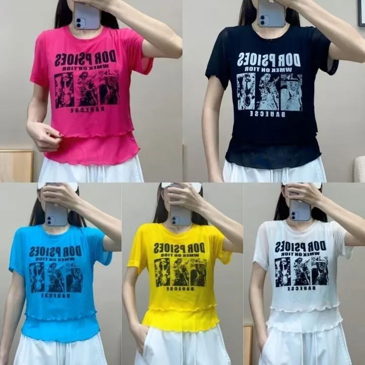 夏季新款双层网纱上衣黑色短袖T恤女纤瑞雪曳步舞服装广场舞演出