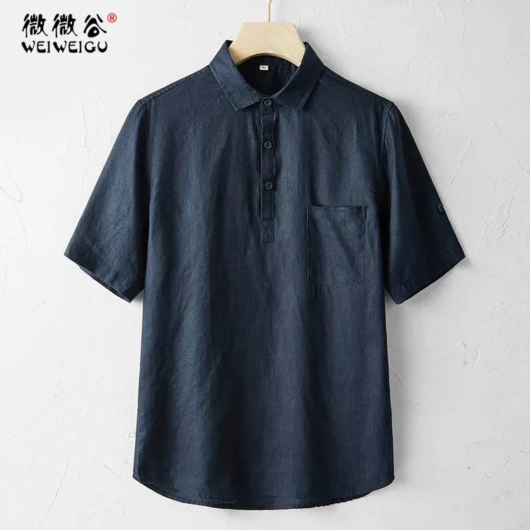 高端纯亚麻短袖衬衫领T恤男夏季套装半袖中国风休闲麻料polo衫薄