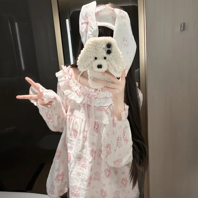 甜美公主风睡衣女秋季新款卡通美乐蒂长袖长裤花边家居服少女套装