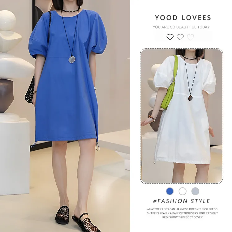 超好看纯色泡泡袖连衣裙女2025年夏季小众感超气质收腰显瘦裙子