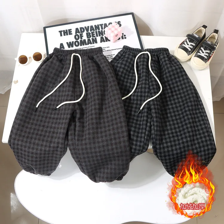 【加绒羊驼绒】格子裤子男女童时髦洋气格子宽松冬天卫裤休闲裤9784
