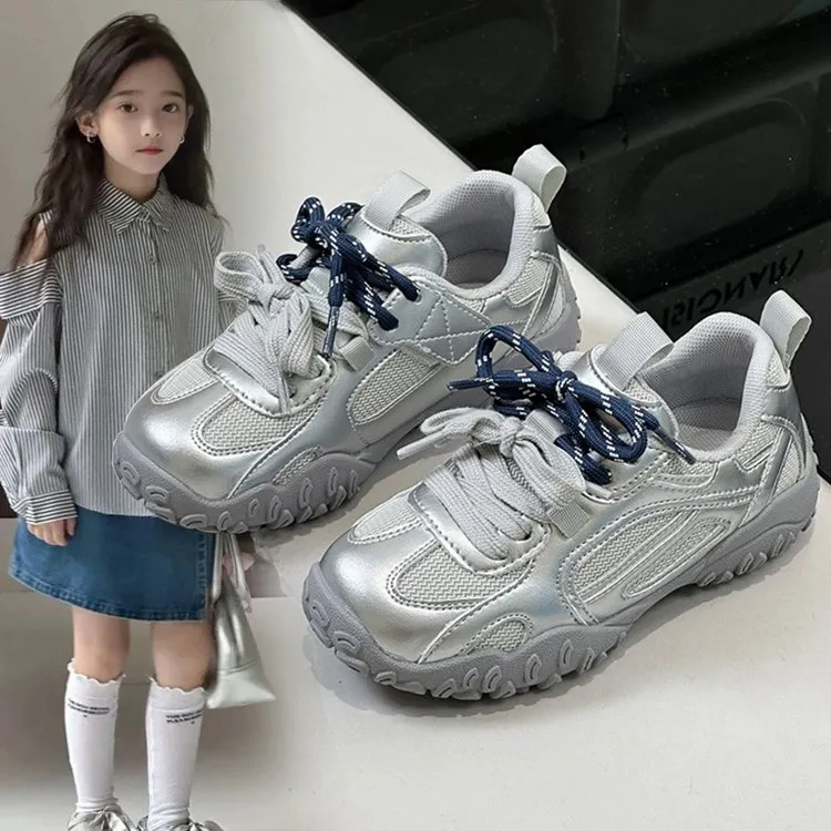 ABC银色双鞋带德训板鞋女童鞋2025爆款学生透气小香风休闲运动鞋