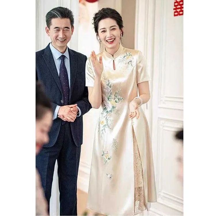 妈妈婚宴旗袍礼服新中式年轻气质款喜婆婆高端短袖日常可穿连衣裙