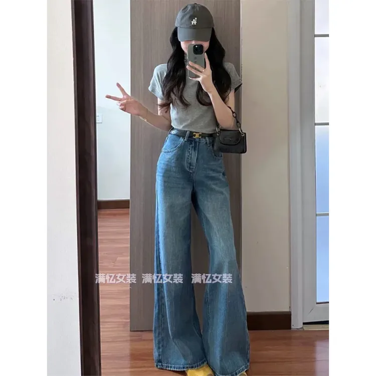 港味复古蓝色休闲牛仔裤女2025年新款设计感高腰小个子直筒长裤子