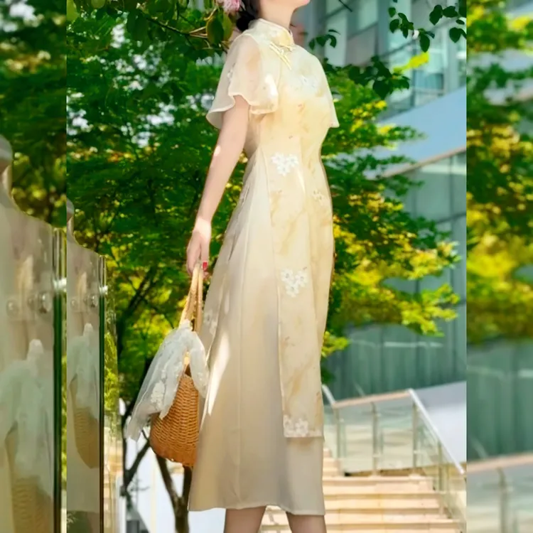 俏娘鱼旗袍新中式黄色倒大袖女2025夏新款改良奥黛日常可穿连衣裙