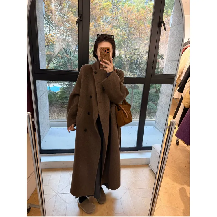 '悦YUE'新款双面呢大衣女装长款气质百搭纯色长款羊毛大衣25017