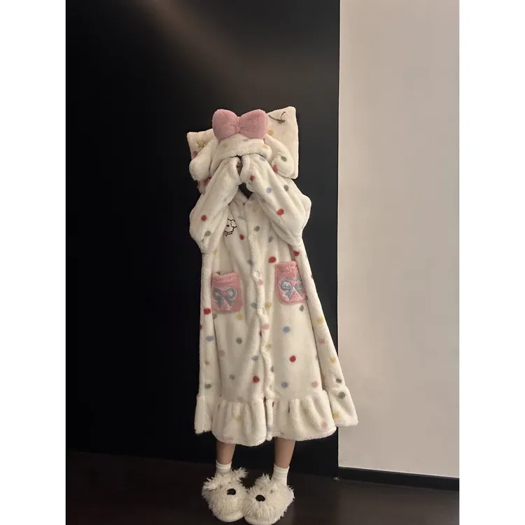 甜美可爱波点小狗连帽珊瑚绒睡袍女秋冬季新款加绒加厚家居服套装