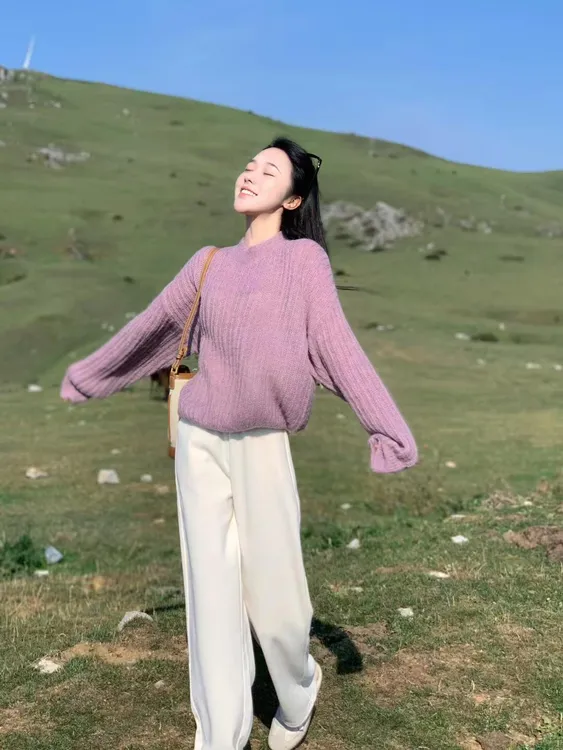 【紫薇】新款小众设计感休闲风韩版纯色基础针织毛衣高腰糯米裤套装