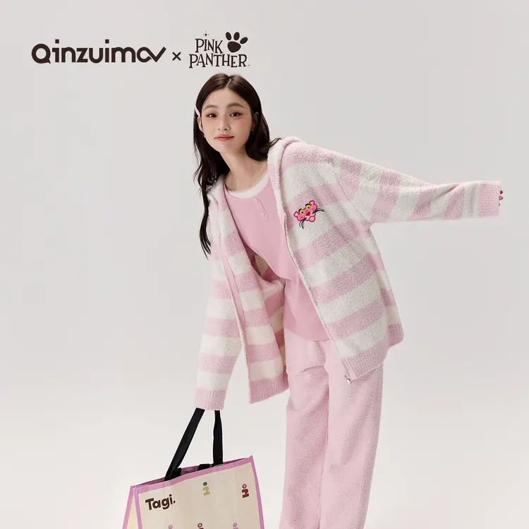 亲嘴猫【粉红豹】粉白条纹可外穿半边绒睡袍保暖家居服套装秋冬季