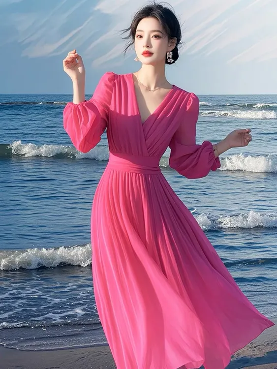 浅春系穿搭上流社会御姐气质名媛轻奢法式高级感显瘦玫红色连衣裙