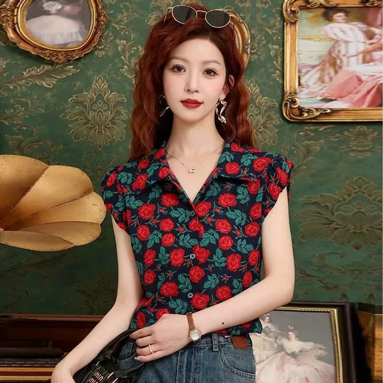 时髦洋气玫瑰印花小飞袖衬衫女复古高级感轻奢别致上衣小个子上衣