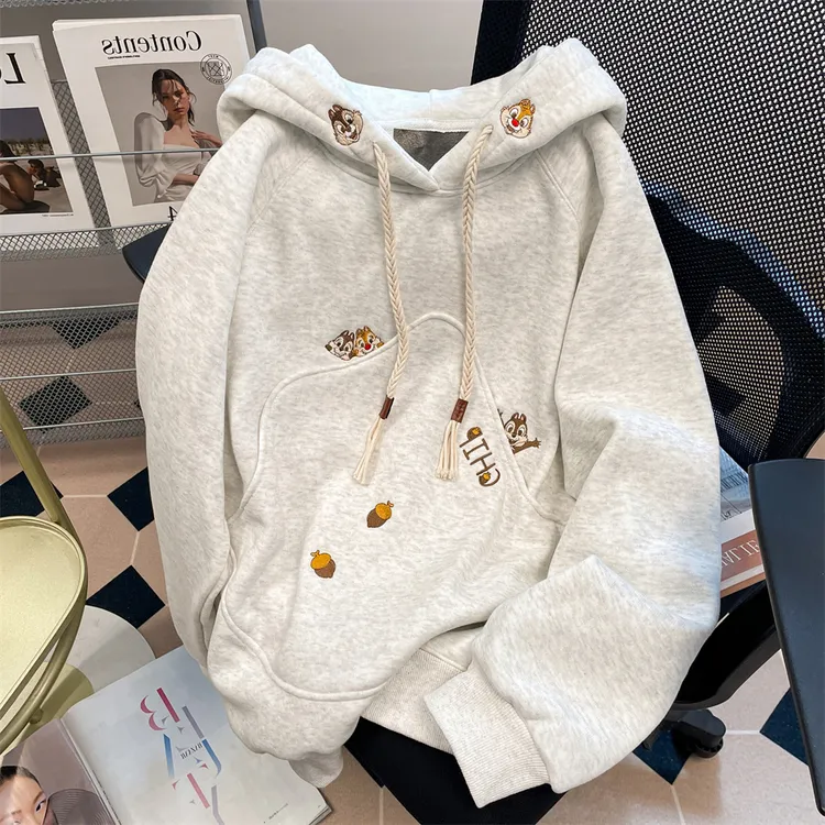 灰色加绒大码美式设计感卡通刺绣连帽卫衣男女宽松显瘦情侣外套秋