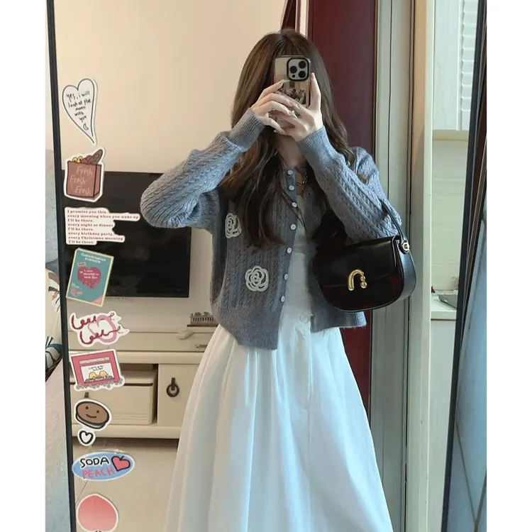 入秋一整套女装2025新款韩版小香风针织开衫高腰显瘦半身裙两件套