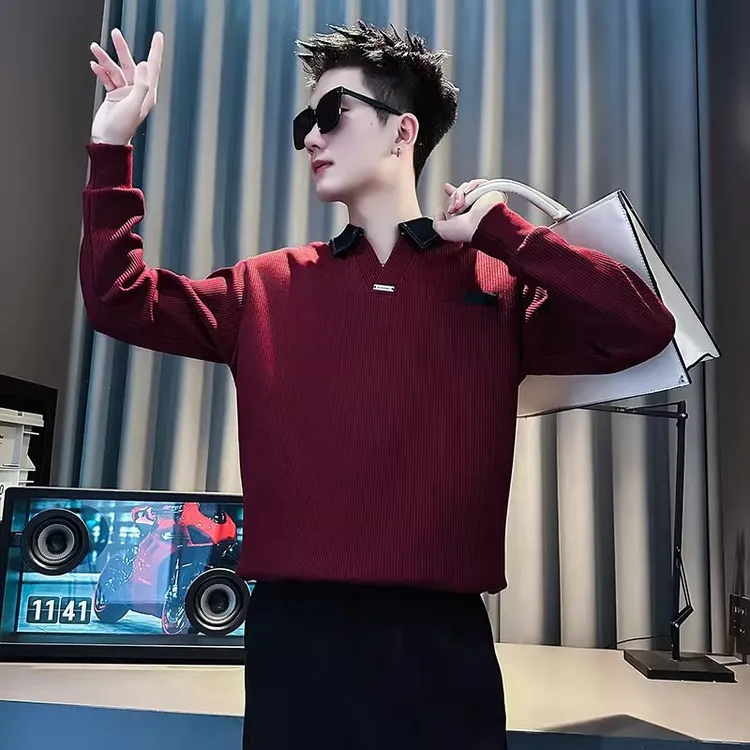 撞色翻领卫衣男款春秋季新款潮牌V领上衣长袖T恤痞帅男装打底衫潮