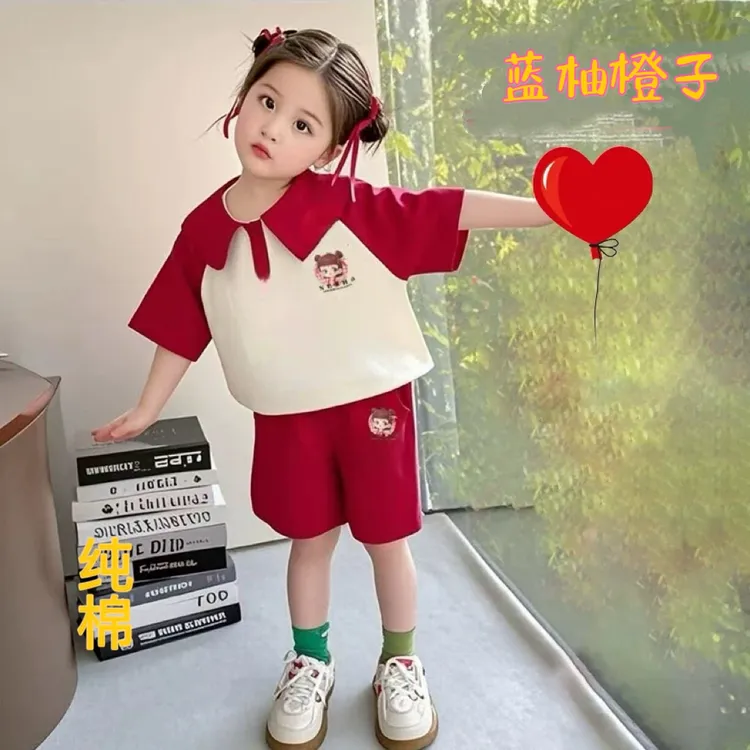 女童哪吒套装夏季短袖短裤卡通休闲洋气炸街红色两件套童装儿童