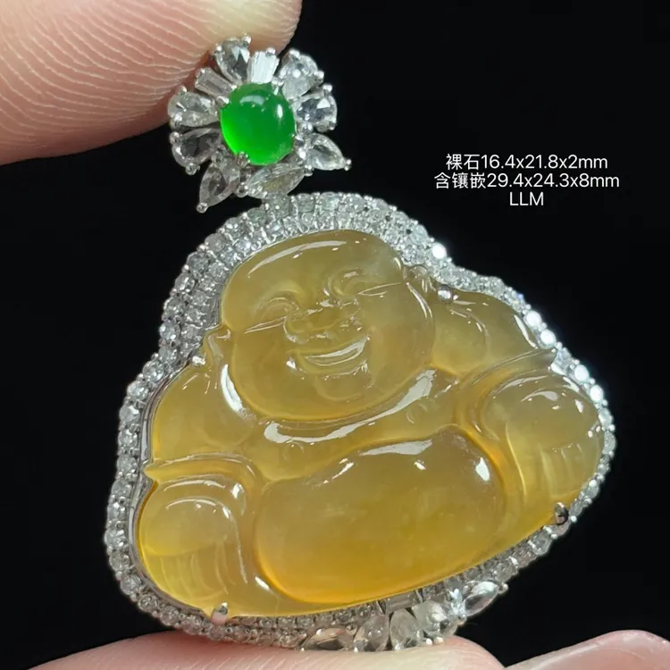 18K金镶嵌缅甸天然翡翠A货冰黄翡佛公吊坠LLM（下单咨询客服）