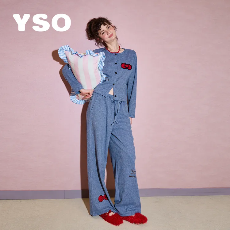 yso【礼物系列】睡衣女长袖长裤秋冬新款蓝色蝴蝶结休闲家居服套装