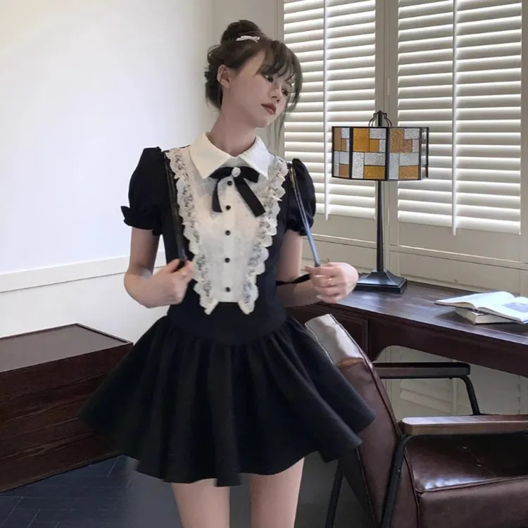 黑白气质显瘦撞蕾丝蓬蓬裙小个子短裙女学院法式复古千金裙D1334