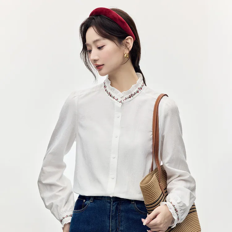 茵曼春季法式时尚荷叶边长袖衬衫胸口休闲百搭舒适衬衣