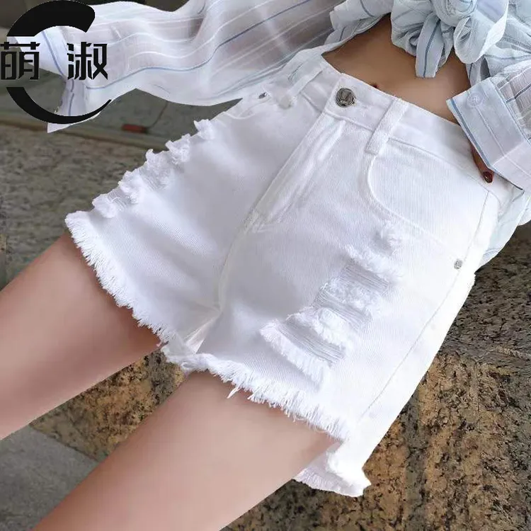白色破洞牛仔短裤女夏高腰2025年薄款爆款显瘦大码毛边热裤阔腿裤