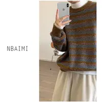 橘子梦 秋冬休闲百搭复古宽松慵懒风圆领条纹套头毛衣