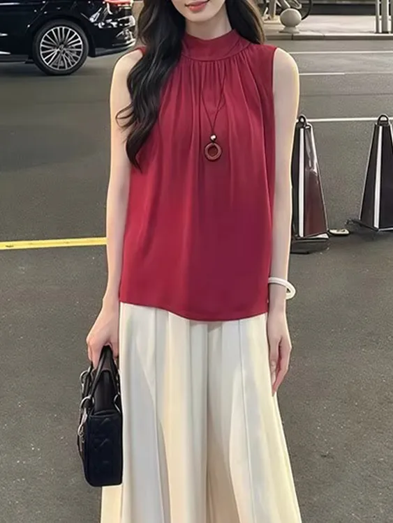 2025夏季新款法式减龄圆领红色衬衫设计感气质无袖减龄显瘦上衣