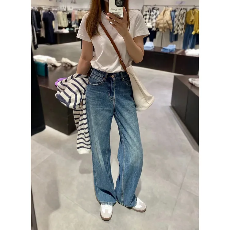复古蓝窄版阔腿牛仔裤女小个子2025年秋季新款高腰显瘦直筒拖地裤
