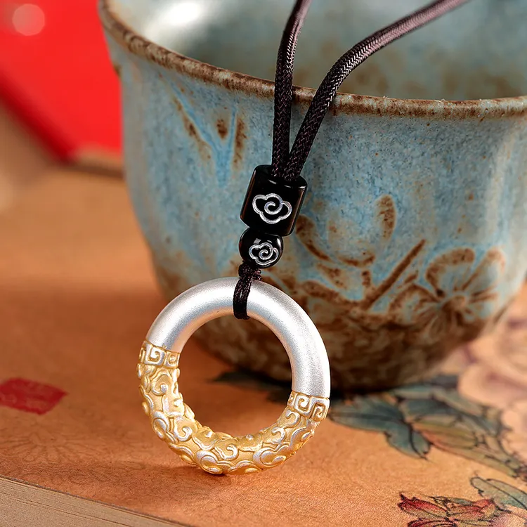 吊坠足银 复古祥云平安扣吊坠足银999古法描金如意金箍棒毛衣项链