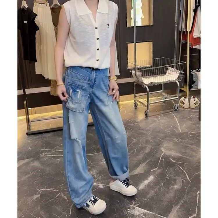 Aimeerosa/艾洛莎2025夏季薄款显瘦设计牛仔裤时尚休闲捏褶直筒裤