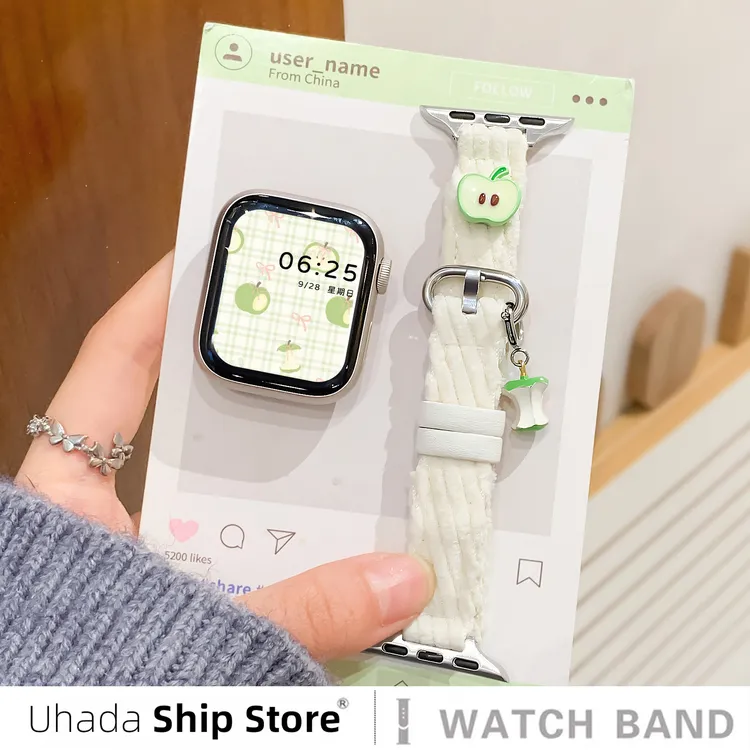 UhADa适用苹果手表s11表带秋冬毛绒针织平安果iwatch表带可爱挂件
