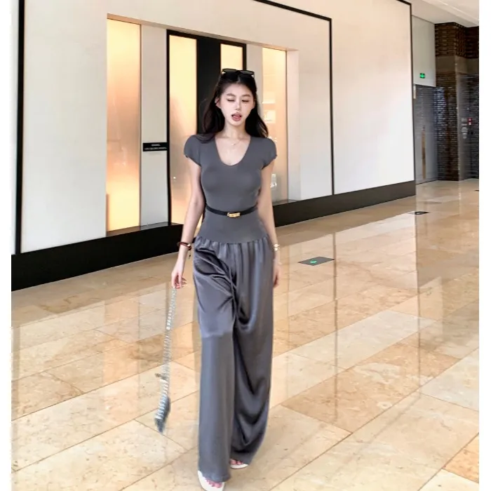 基础款修身收腰v领短袖针织T恤女夏季休闲套装缎面阔腿长裤两件套