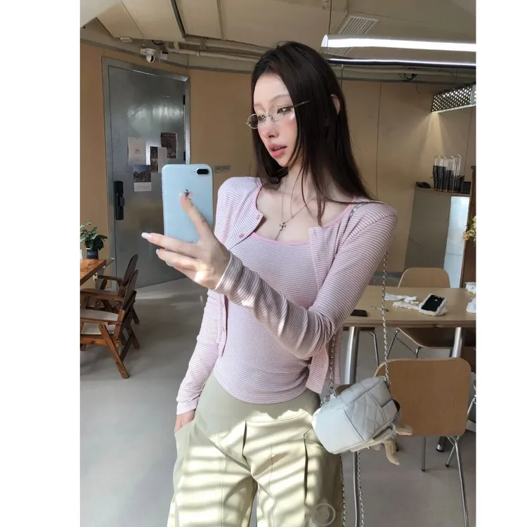 法式条纹休闲吊带+外穿慵懒风外套薄款长袖上衣