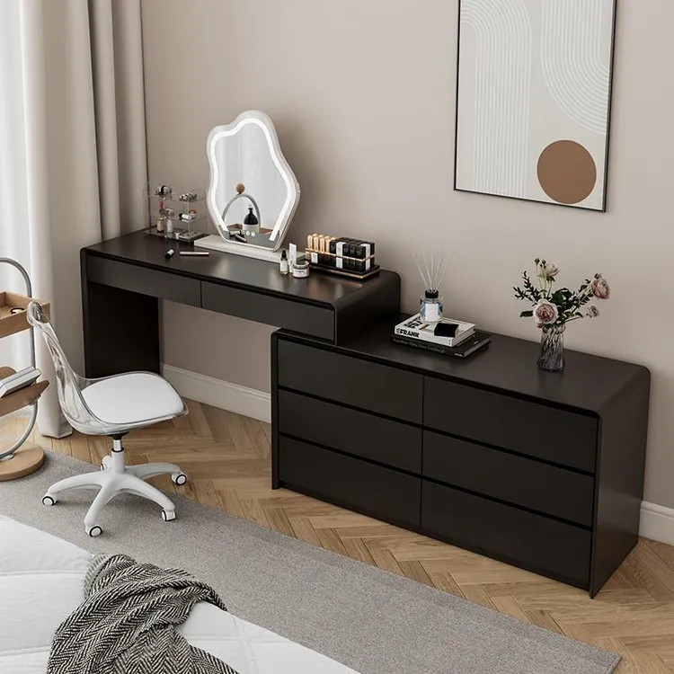 黑色烤漆梳妆台斗柜一体现代简约实木化妆桌卧室新款高级感可旋转