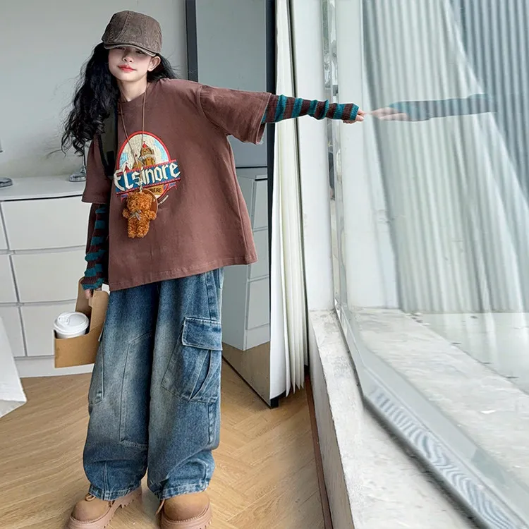 中大童女孩开学秋季2025新款假两件上衣外穿百搭修身学生版套