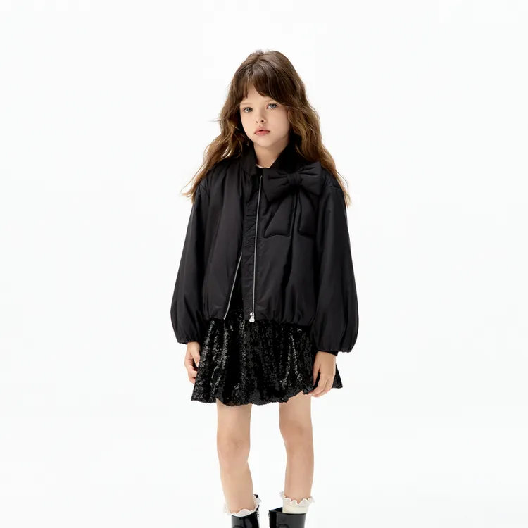 littlemoco童装25冬装新款女童蝴蝶结短款棉服外套保暖甜酷