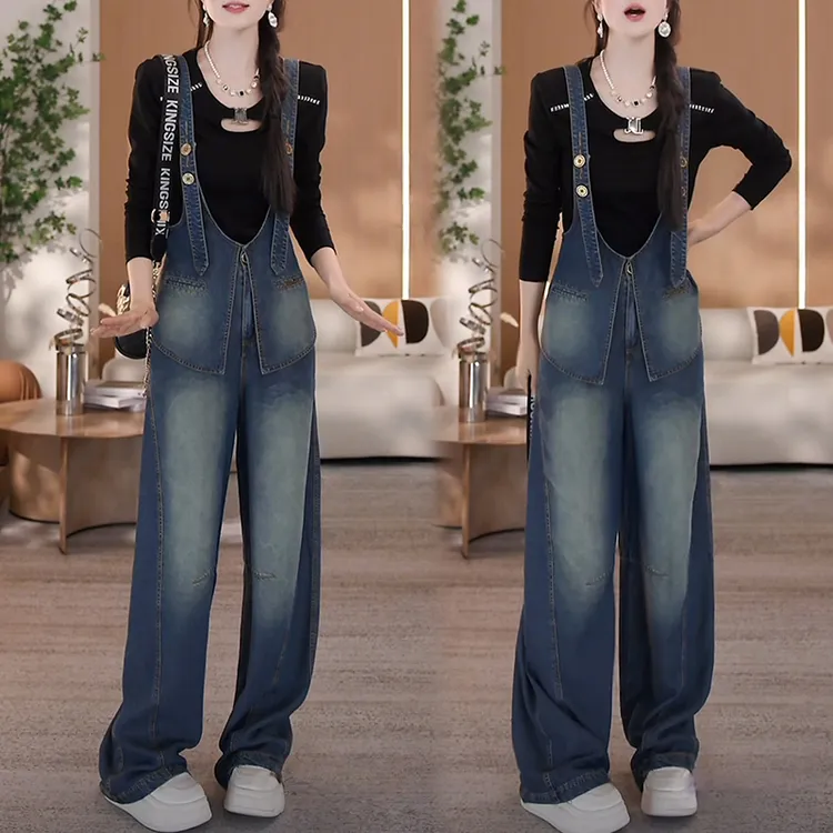 帅气可调节牛仔背带裤丹宁风洋气女裤小个子可穿时髦牛仔阔腿裤Y