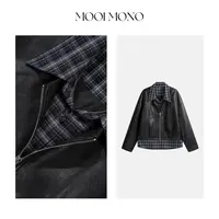 MOOI MONO“里斯本周末”显瘦气质格纹拼接夹棉皮衣外套 W475L53