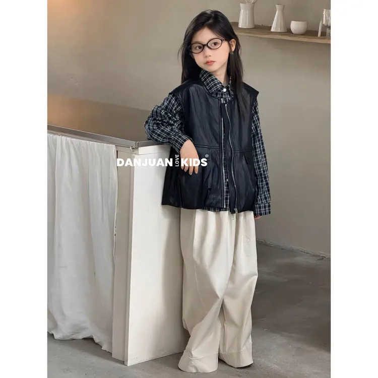 韩国女童套装秋季新款儿童秋装洋气时髦中大童皮衣马甲两件套秋款