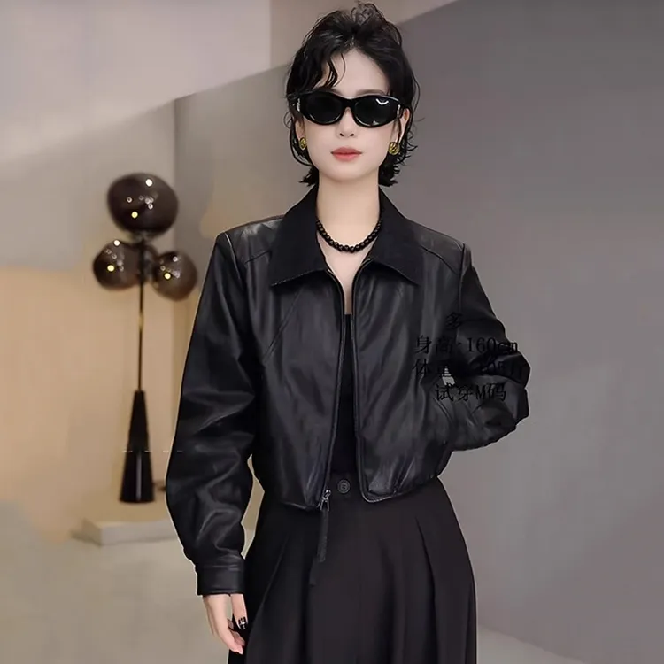 拉夏贝尔撞色POLO领皮衣外套女2025秋季新款韩版休闲百搭显瘦夹克