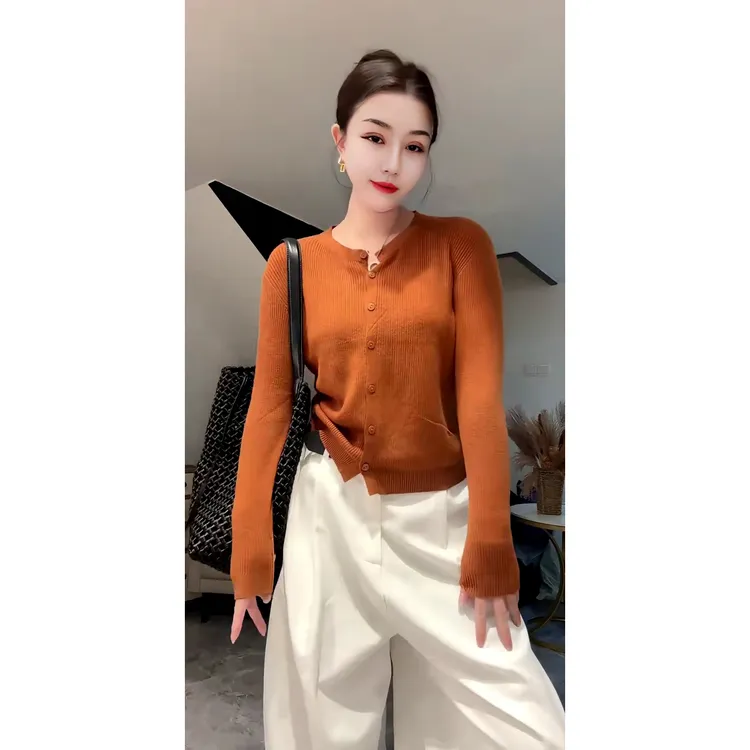 欧货慵懒宽松百搭圆领单排扣长袖针织开衫