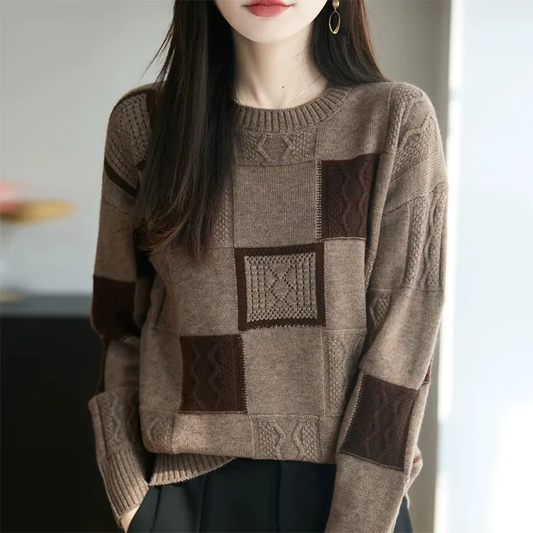 秋冬新款时尚洋气内搭宽松显瘦针织打底衫设计感拼色半高领女上衣