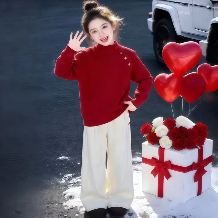 女童毛衣2025冬季新款保暖上衣中大童毛绒爱心彩扣三色针织毛衣潮